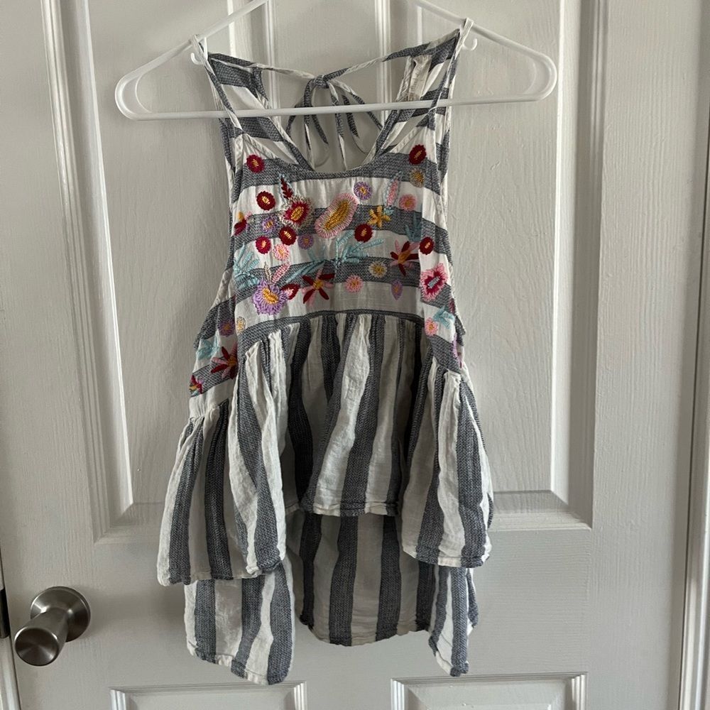 Altar'd State Striped Floral Embroidered Top - Gray and White